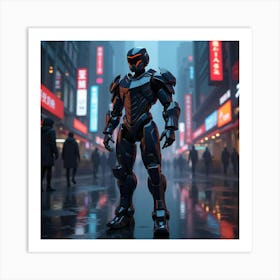 Robo Knight In Futuristic Armor, Standing Guard In A Neon Lit Cityscape 1 Art Print