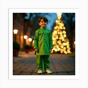 Boy In Green In Front Of A Christmas Tree Art Print