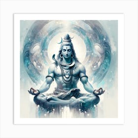 "Serene Cosmos: Lord Shiva's Meditative Bliss" - This artwork captures Lord Shiva in deep meditation, enveloped by the cosmos's ethereal and tranquil energy. The cool, soothing blues and whites evoke a celestial atmosphere, symbolizing clarity and spiritual purity. Shiva's serene expression and the cosmic swirls surrounding him reflect his role as the supreme meditator and his connection with the universe's endless cycle. This piece is perfect for creating a peaceful sanctuary within any space, inviting viewers to connect with their inner selves and the expansive beauty of creation. Art Print