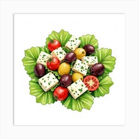 A Watercolor Rendering Of A Fresh And Colorful Greek Salad With Olives And Feta Cheese 1 Art Print