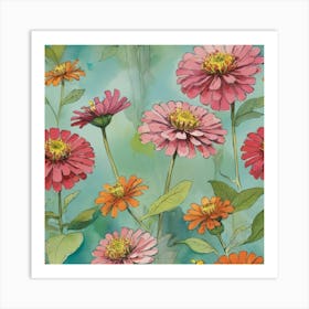 Zinnias flower plants painting art print Art Print