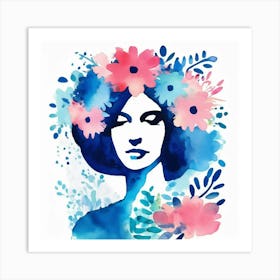 woman portrait withwatercolour  floral head crown  Art Print