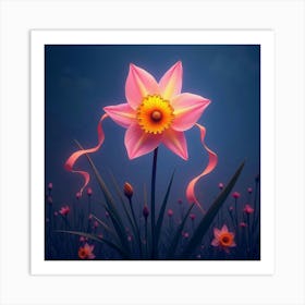 A Radiant Daffodil With Petals Of Flowing, Neon Ribbons In A Surreal, Twilight Meadow 1 Art Print