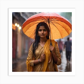 Indian Woman In Rainly weather Art Print