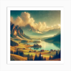 Landscape With Mountains And Lake Painting Art Print