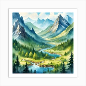 Watercolor Mountain Landscape 2 Art Print