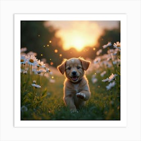 A Playful Puppy Chasing Colorful Fireflies Through A Field Of Giant Daisies At Dusk Art Print