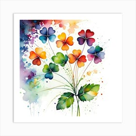 Clover Plant Silhouette Of A Clover Plant Created From Abstract Multi Colored Shapes White Ba(2) Art Print