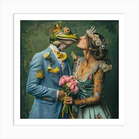 Frog Couple Kissing Art Print