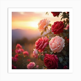 Bouquet Of Mixed Red And Pink Roses Peonies Delicately Woven Into Vines Soft Focus With Scattered (1) Art Print