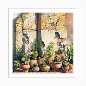 Watercolor painting of an old, weathered wall with cracked stone and peeling paint. The background features various sizes and shapes of terracotta pots on the shelf below. Each pot is filled with vibrant cacti or succulents, 7 Art Print
