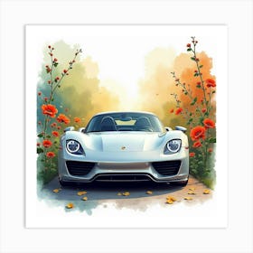 Porsche 918 Spyder Amidst A Lush, Colorful Watercolor Background, No Logos Art Print