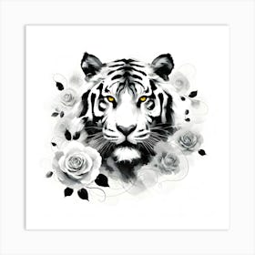 Tiger With Roses 2 Art Print