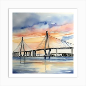 Accurate drawing and description. Sunset over the Arthur Ravenel Jr. Bridge in Charleston. Blue water and sunset reflections on the water. Watercolor.1 Art Print