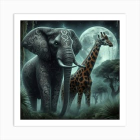 Giraffe And Elephant In The Jungle Art Print