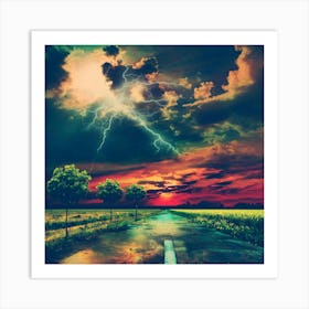 Lightning Abstract Cloudy Nature Road Sunset Art Print