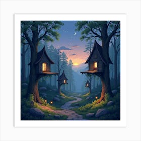 A Serene Elven Village With Treehouses And Shimmering Lights At Twilight 1 Art Print