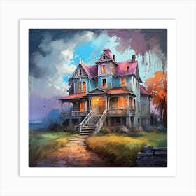 Colorful Haunted House Oil Painting Art Print