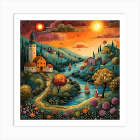 Sunset In The Village, Naive, Whimsical, Folk Art Print