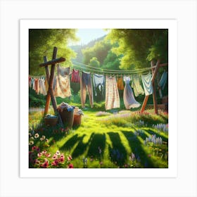 Laundry Line In The Garden Art Print