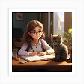 Girl With A Cat Art Print