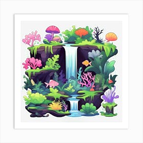 A Vibrant Coral Reef Teeming With Colorful Fish And Sea Creatures A Majestic Waterfall Cascading Do 542836891 (6) Art Print