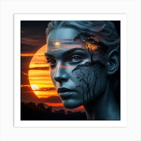 Sunset Visage A Cinematic Blend Of Nature And Humanity In Dark Fantasy (4) Art Print