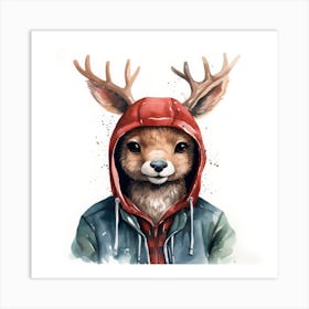 Watercolour Cartoon Reindeer In A Hoodie 3 Art Print