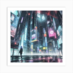 Quiet Rainy Cyber City at Night  Art Print
