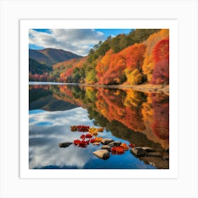 Autumn Leaves Reflected In A Lake Art Print