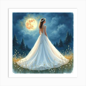 Beautiful Gown Watercolor, Surrounded By A Dreamy Moonlit Scene 1 Art Print