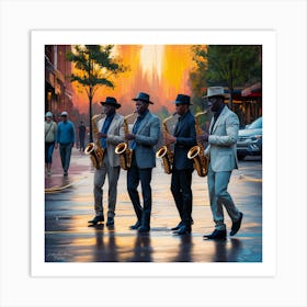 Sunset Serenade Stylish Saxophonists In A Vibrant Urban Evening (4) Art Print