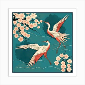 Cranes Flying Over Cherry Blossoms Art Print