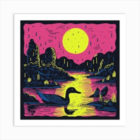 Duckling Linocut Style At Night 7 Art Print