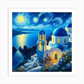 Santorini In Starry Night With Sea Art Print