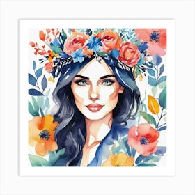 Watercolor Of A Woman With Flowers 4 Art Print