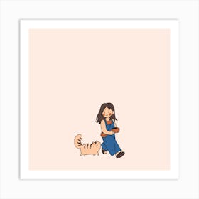 Cute Girl With Cat Art Print