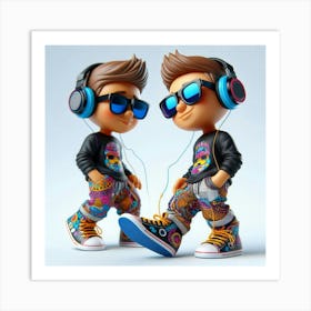 Two Kids Listening To Music Art Print