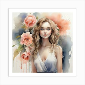 Watercolor Girl With Flowers Art Print