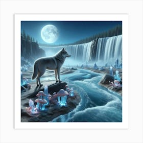 Wolf on the Mushroom Riverbank 2 Art Print