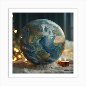 Earth Globe With Christmas Lights Art Print