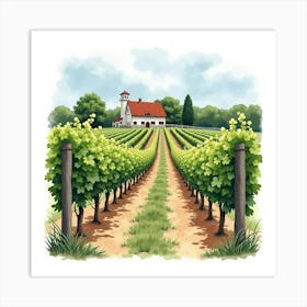 French Countryside Vineyard With Watercolor Grapevines And Rustic Barn 1 Art Print