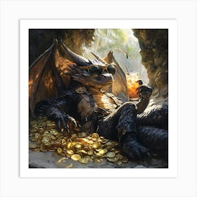 Cool Dragon Lounging on Gold Background 13 Art Print