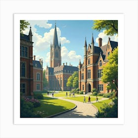 A Bustling English University Campus With Students And Historic Buildings 1 Art Print