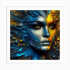 Portrait Of An Abstract Woman's Face - An Embossed Artwork In Shades Of Blue, And Orange - Metal Art Art Print