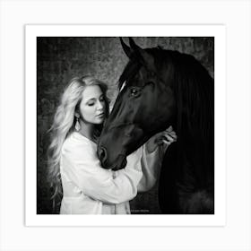 Woman And Stallion Rendered In Timeless Black And White Juxtaposed Against An Abstract Textured Ba Art Print