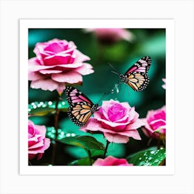 Butterfly On Pink Roses Art Print