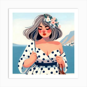 Girl with Flowers, Grey Short Hair and Dress Art Print