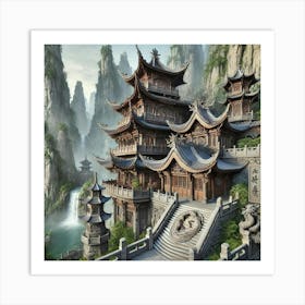 A Detailed View Of A Traditional Chinese Mountain Art Print