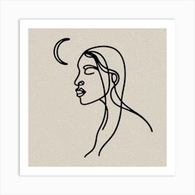 Moon And A Woman, one line art. Art Print